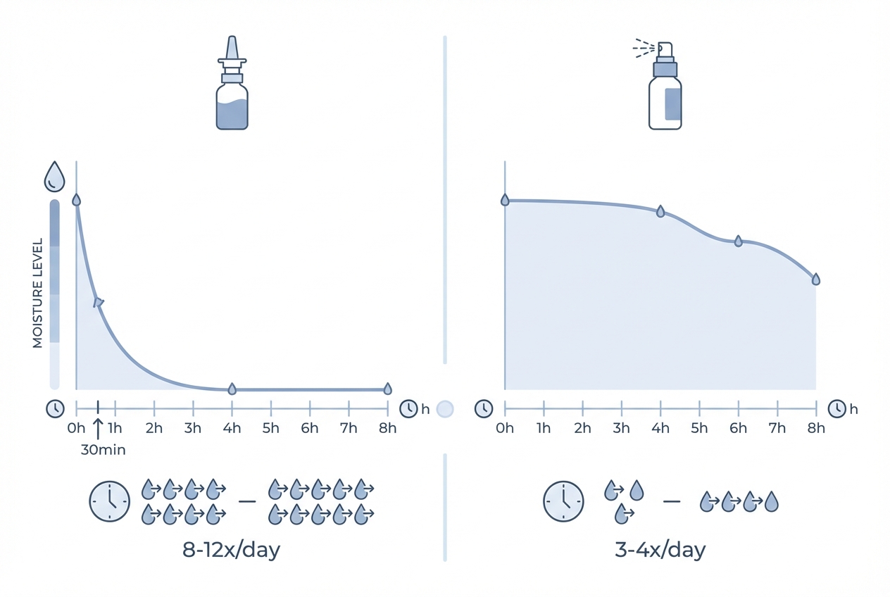 생착 스프레이와 식염수 보습 지속 시간 비교 그래프