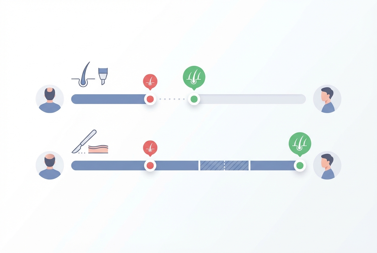 비절개(FUE)와 절개(FUT) 모발이식 회복 기간 비교 인포그래픽