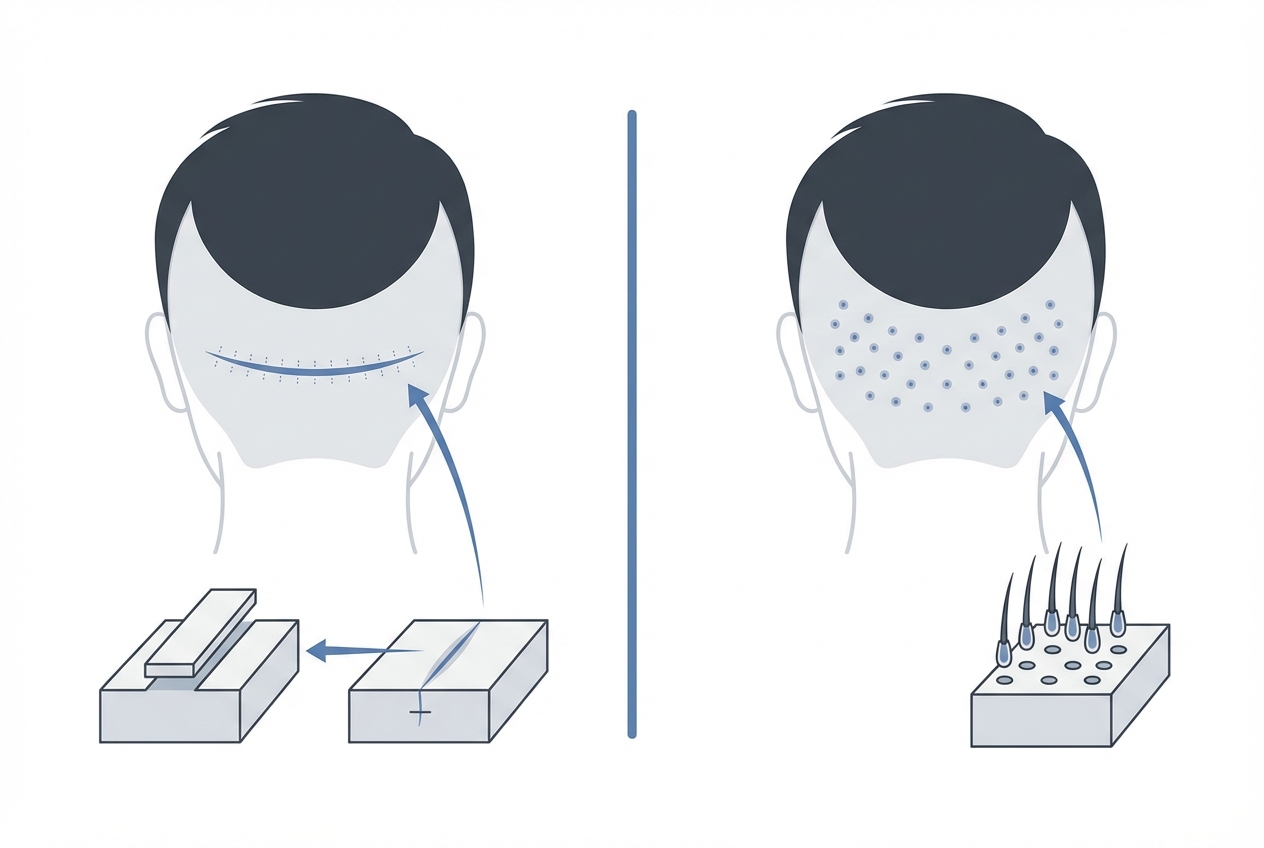 모발이식 절개(FUT)와 비절개(FUE) 흉터 비교 인포그래픽