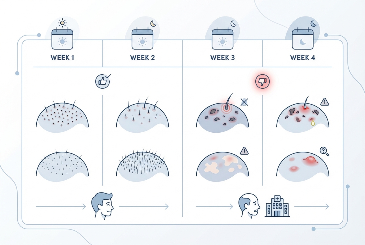 모발이식 1주~4주 정상 범위와 병원 방문 기준 비교표 인포그래픽