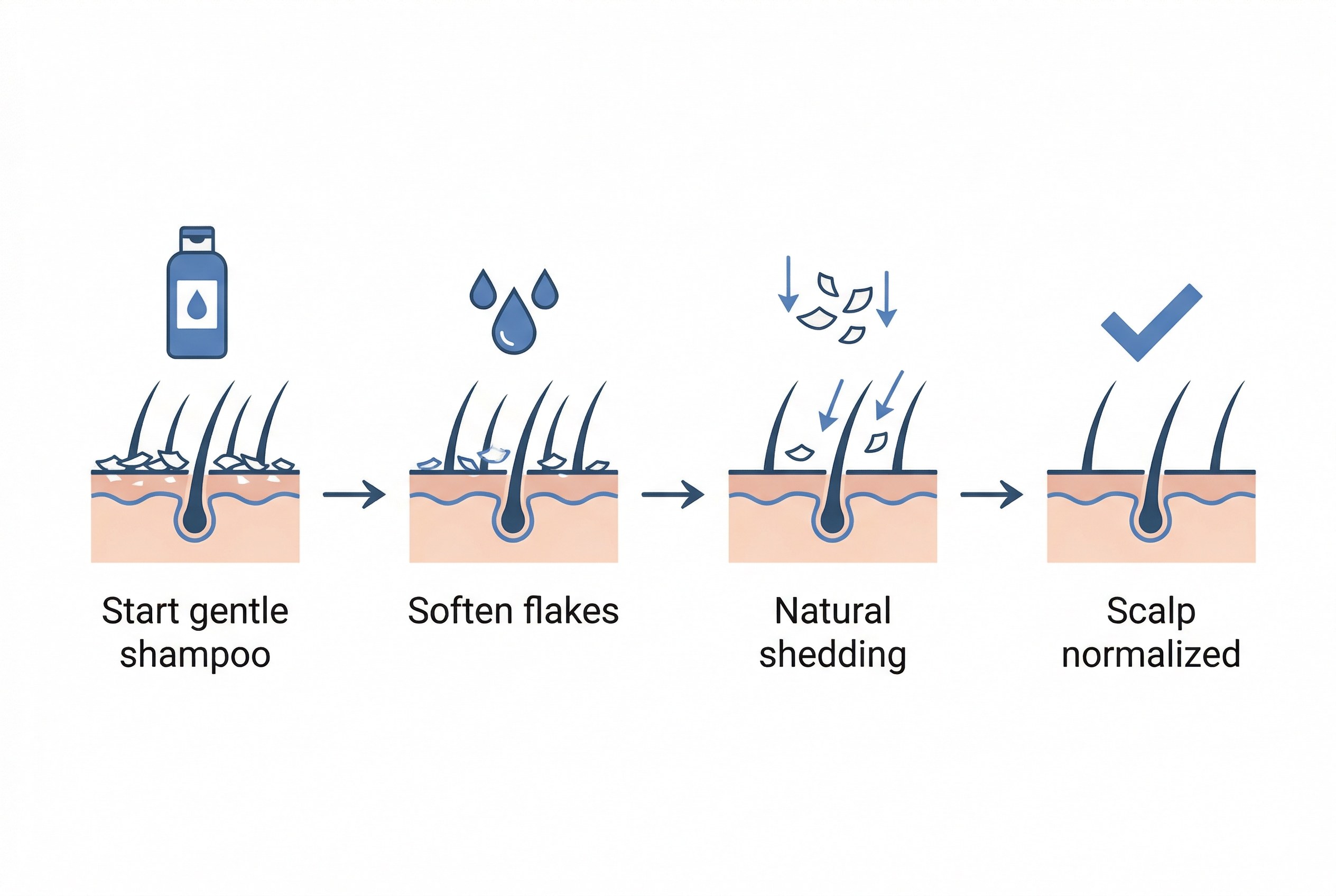 모발이식 후 샴푸 재개와 비듬 개선 과정 인포그래픽