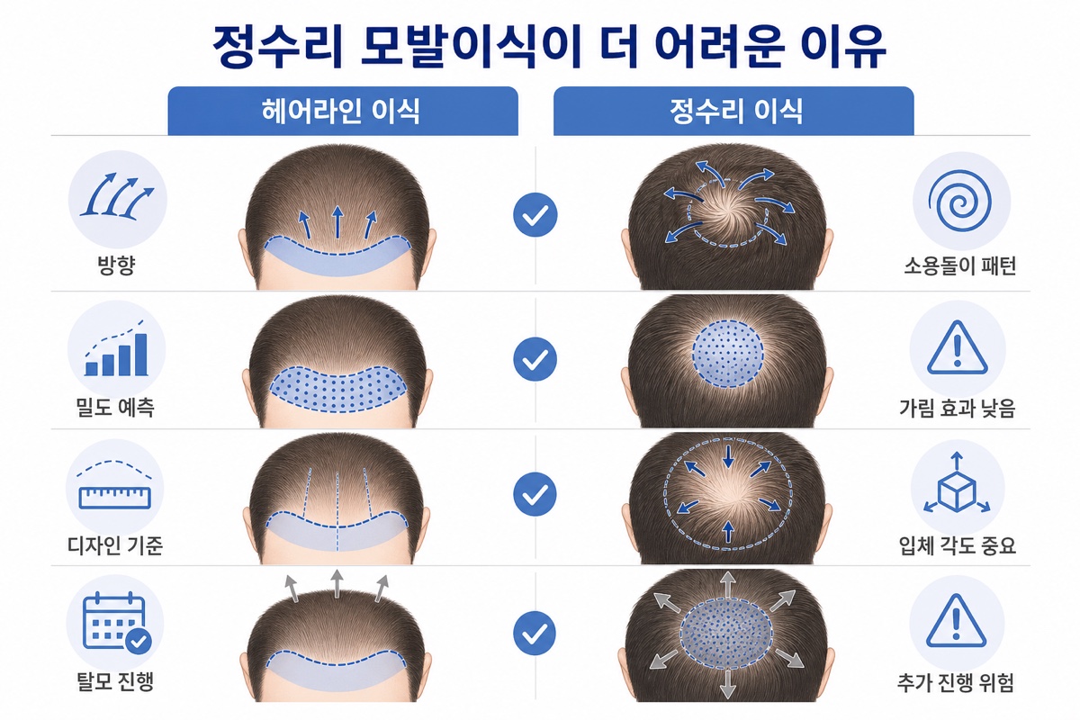 정수리 모발이식이 헤어라인보다 어려운 이유 비교 인포그래픽