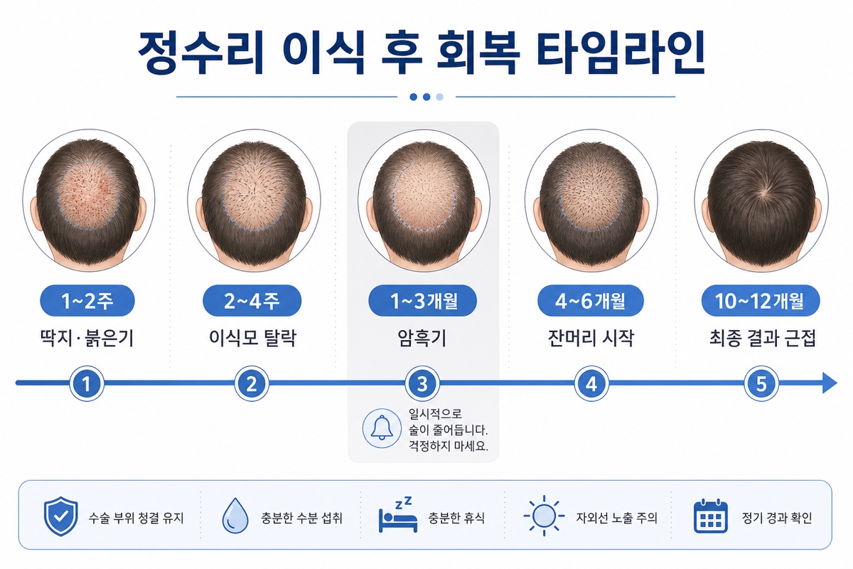 정수리 모발이식 후 월별 회복 과정 타임라인 인포그래픽