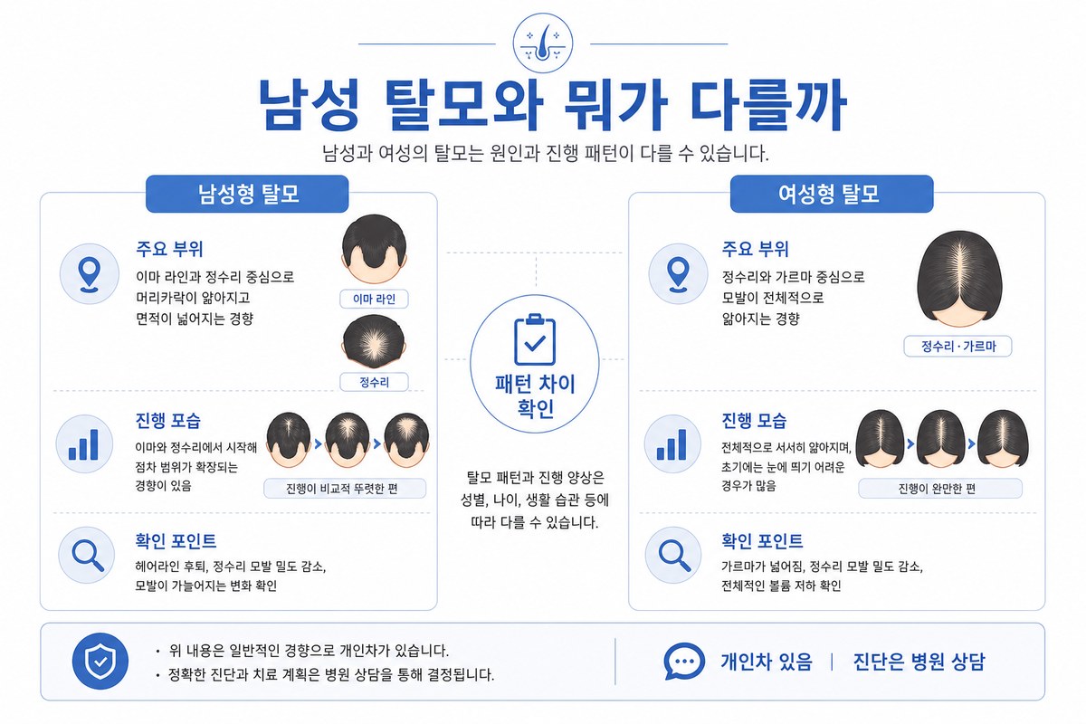 남성 탈모와 여성 탈모 차이점 비교 인포그래픽