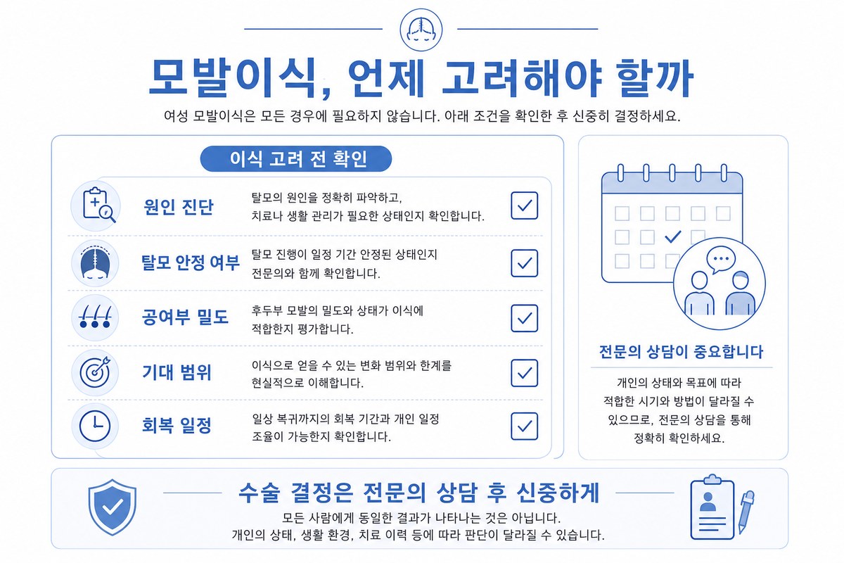 여성 모발이식 고려 시점과 조건 인포그래픽