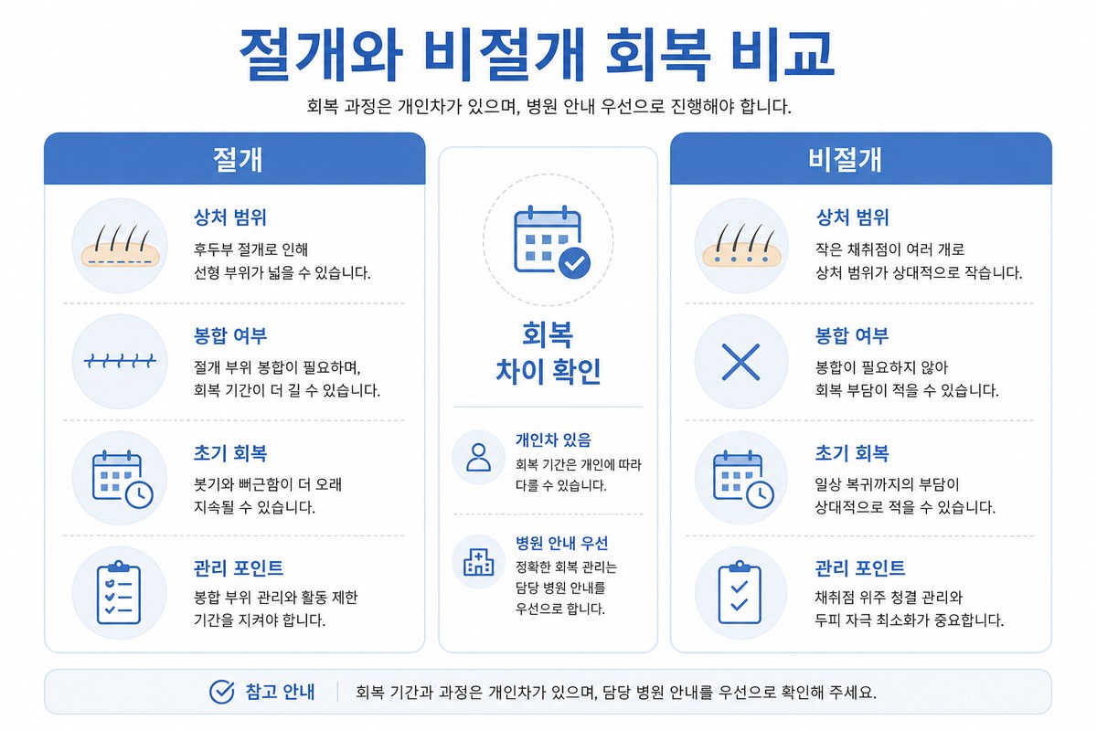절개 FUT 비절개 FUE 회복 기간 비교표 인포그래픽