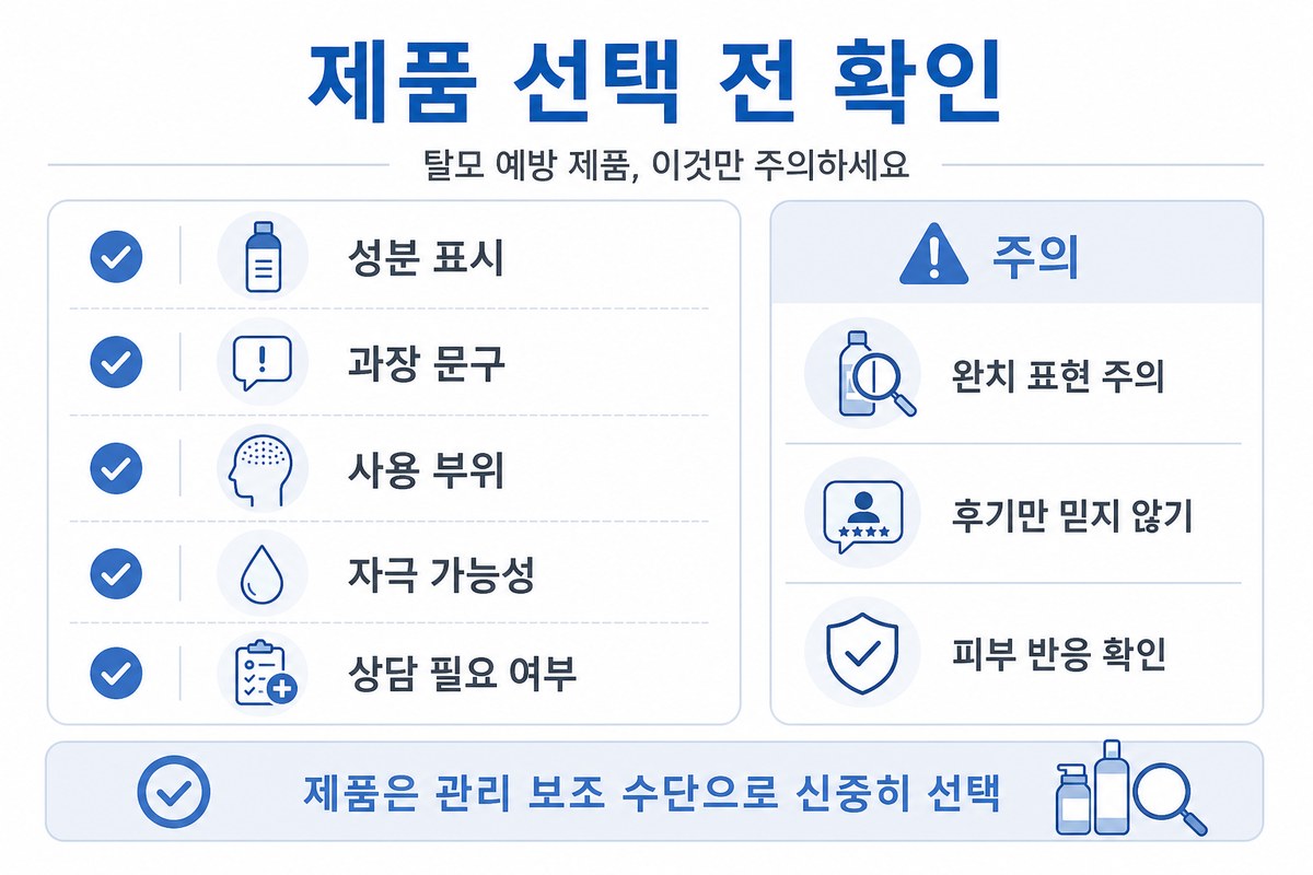 탈모 예방 제품 선택 시 주의사항 인포그래픽