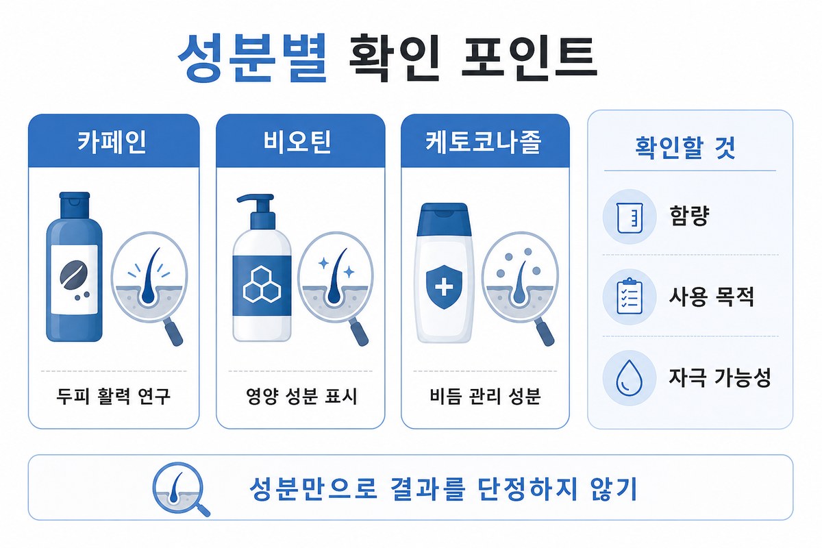 탈모 샴푸 성분별 카페인 비오틴 케토코나졸 효과 비교 인포그래픽