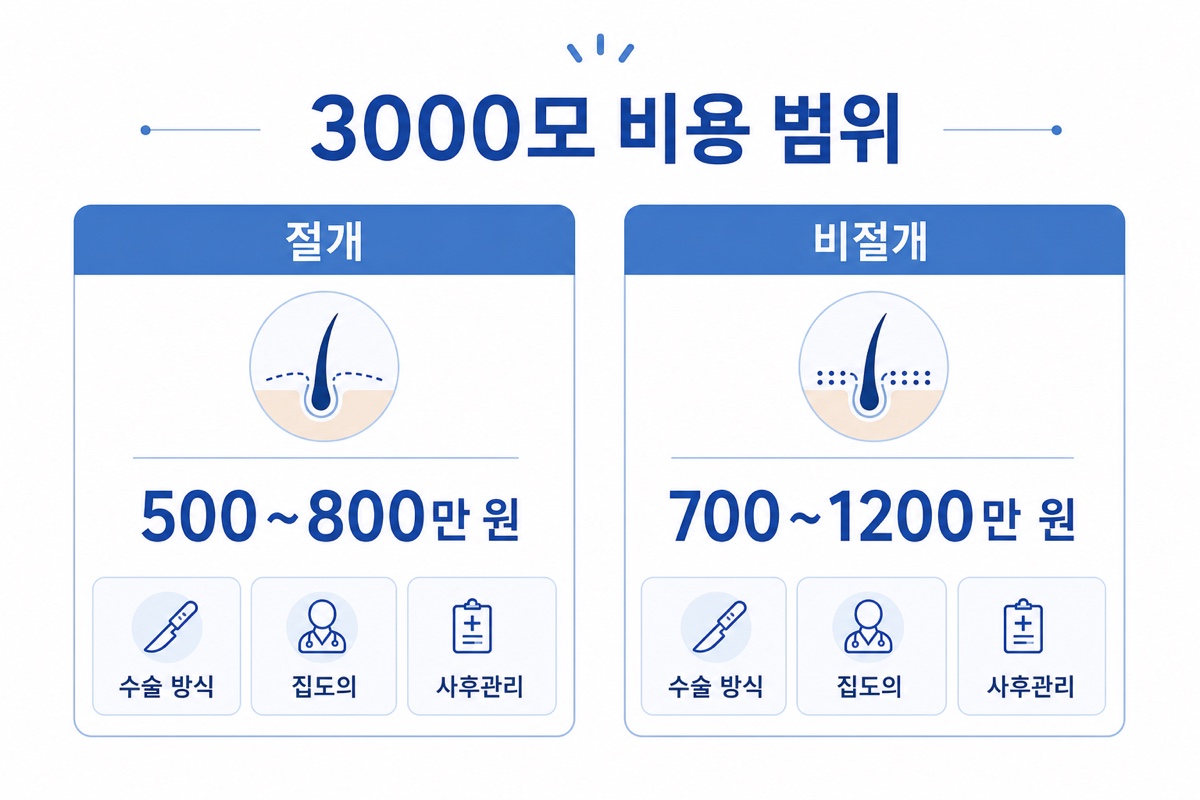 모발이식 3000모 비용 범위 비절개 절개 비교 인포그래픽