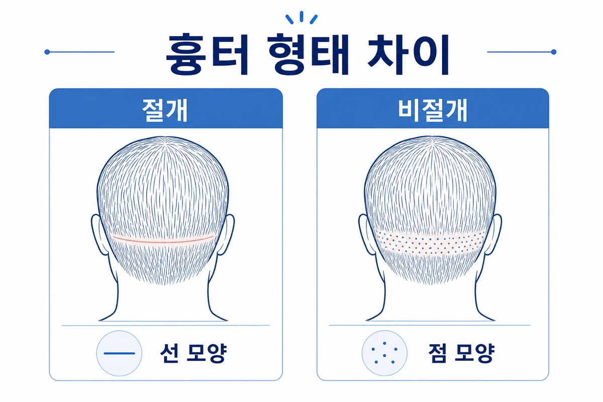 절개 모발이식 FUT 흉터와 비절개 FUE 흉터 비교 인포그래픽