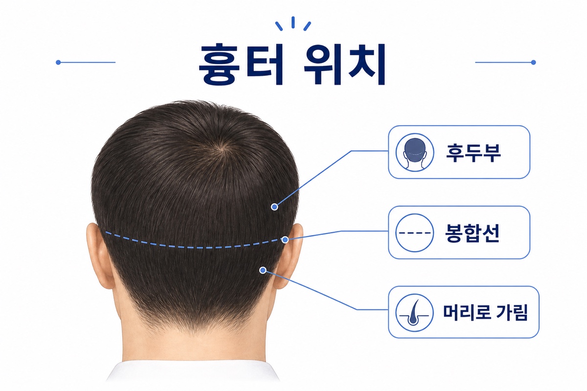 모발이식 절개 흉터 위치와 형태 설명 인포그래픽