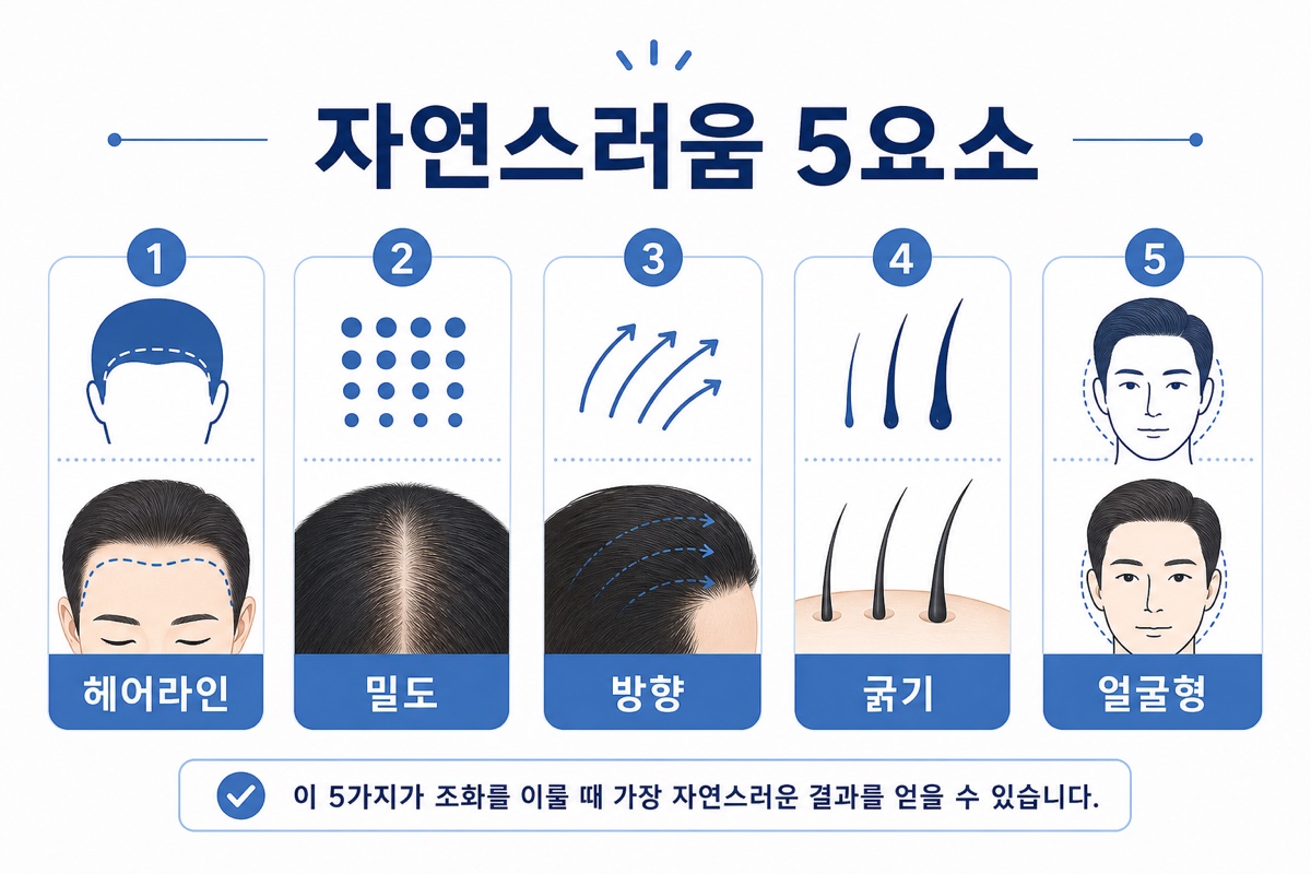자연스러운 모발이식 결과를 결정하는 5가지 요소 인포그래픽
