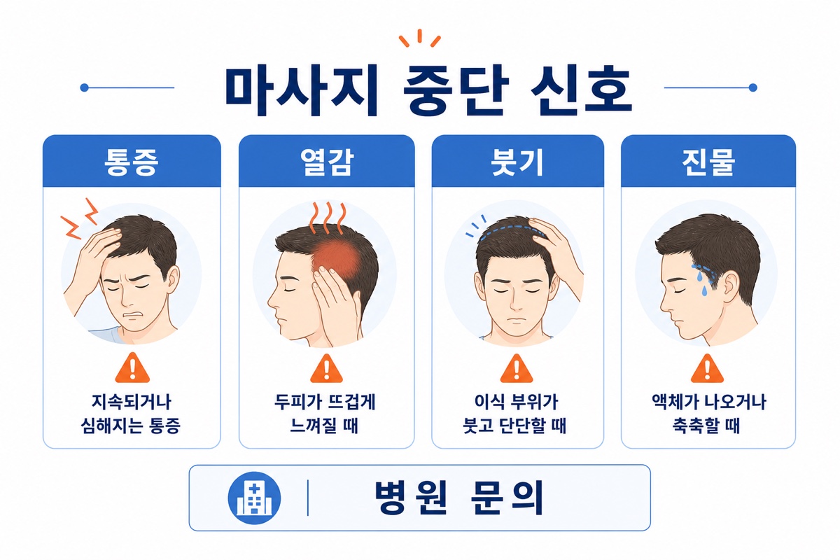 모발이식 후 두피 마사지 중단해야 할 상황 인포그래픽