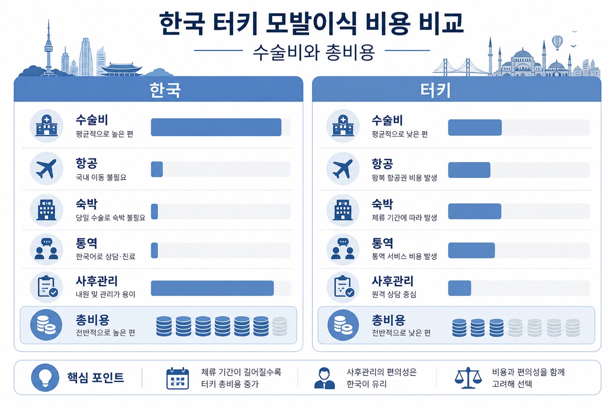 한국 터키 모발이식 비용 비교표 인포그래픽