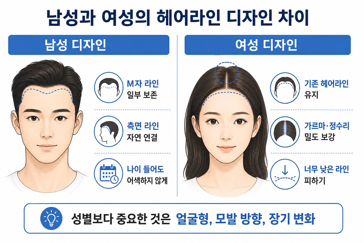 남성 여성 헤어라인 모발이식 디자인 차이 비교 인포그래픽