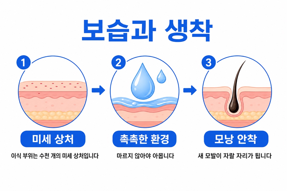 모발이식 후 두피 보습과 생착률 관계 인포그래픽