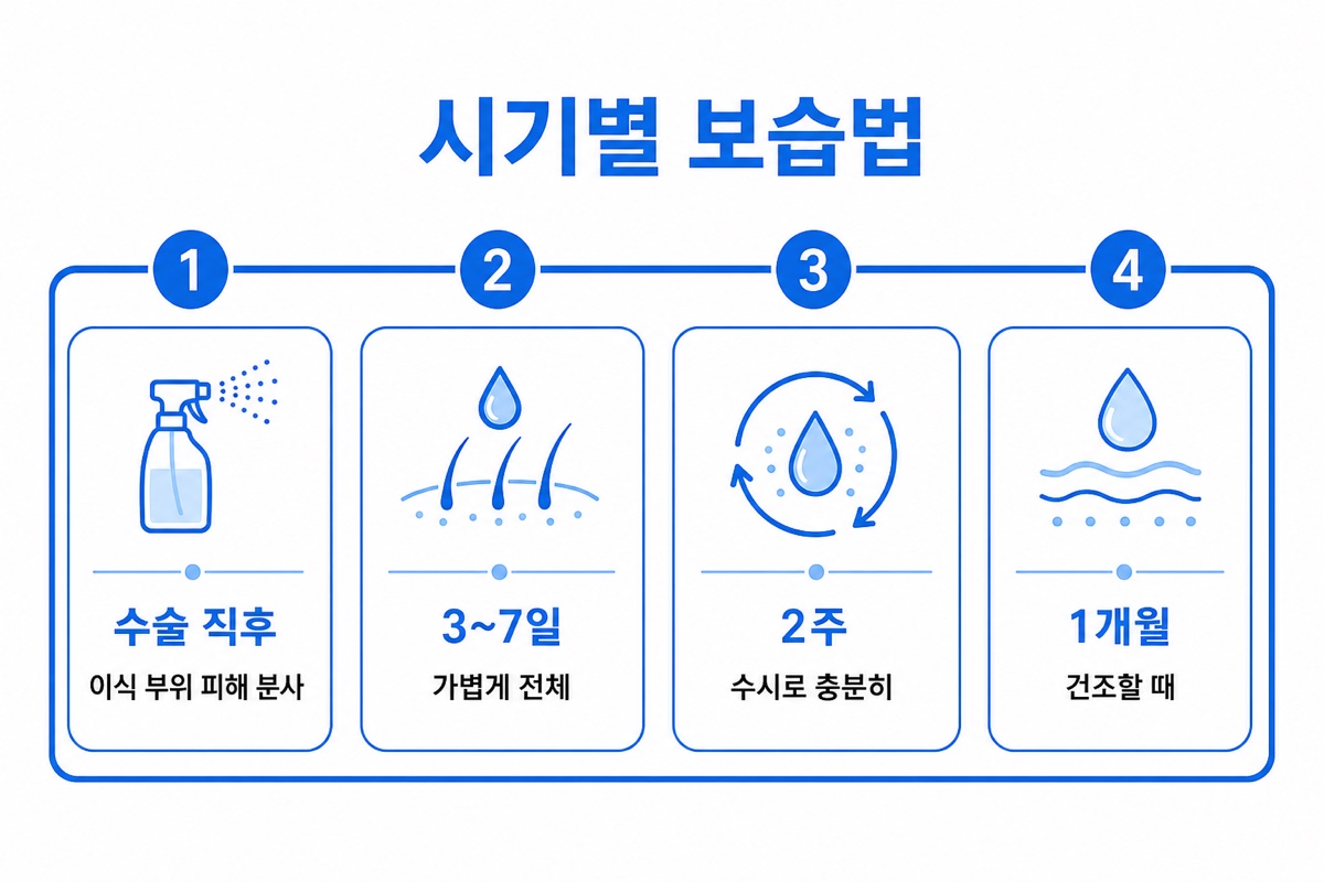 모발이식 후 시기별 두피 보습 방법 타임라인 인포그래픽