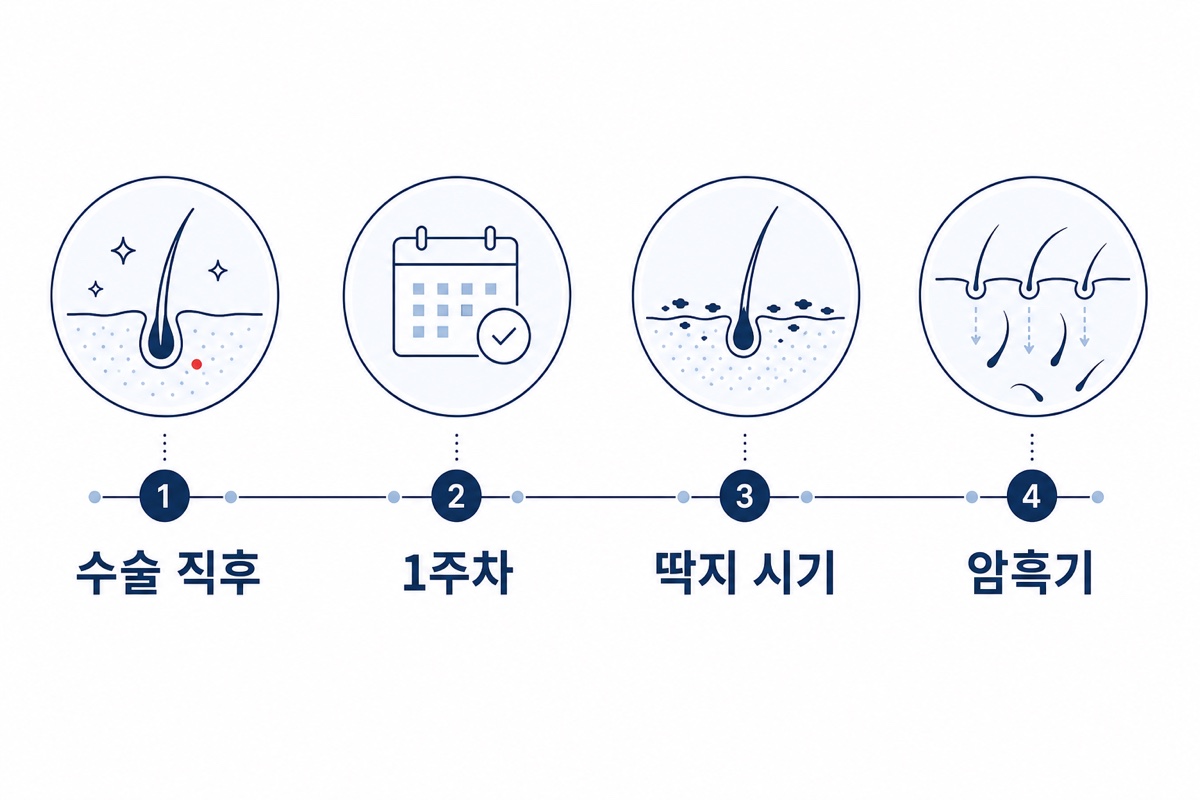 모발이식 후 시기별 케어 타임라인: 수술 직후, 1주차, 딱지 시기, 암흑기