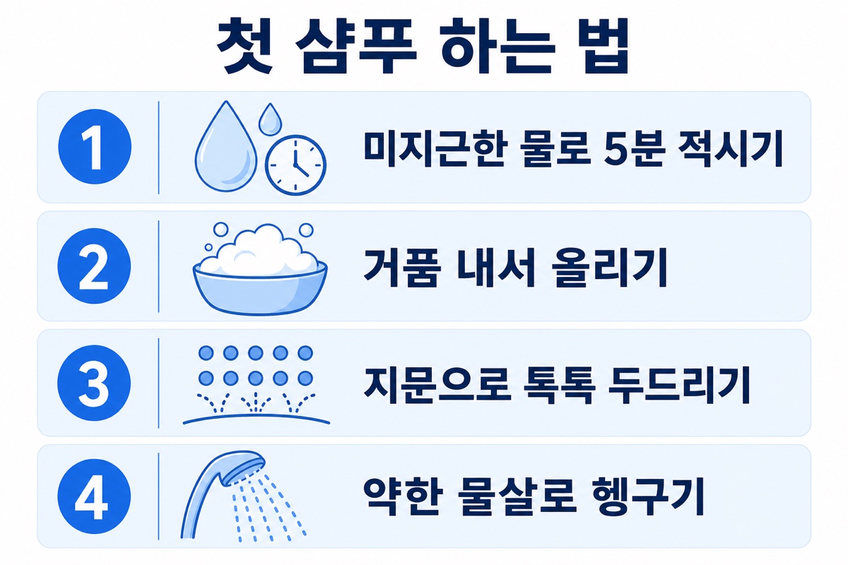 모발이식 후 첫 샴푸 단계별 가이드 인포그래픽