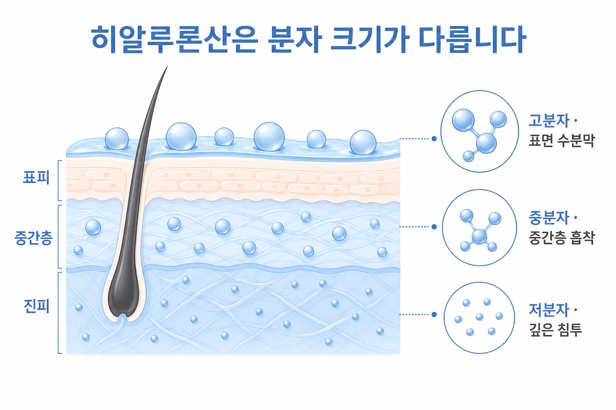 히알루론산 분자 크기별 두피 침투 층 다이어그램