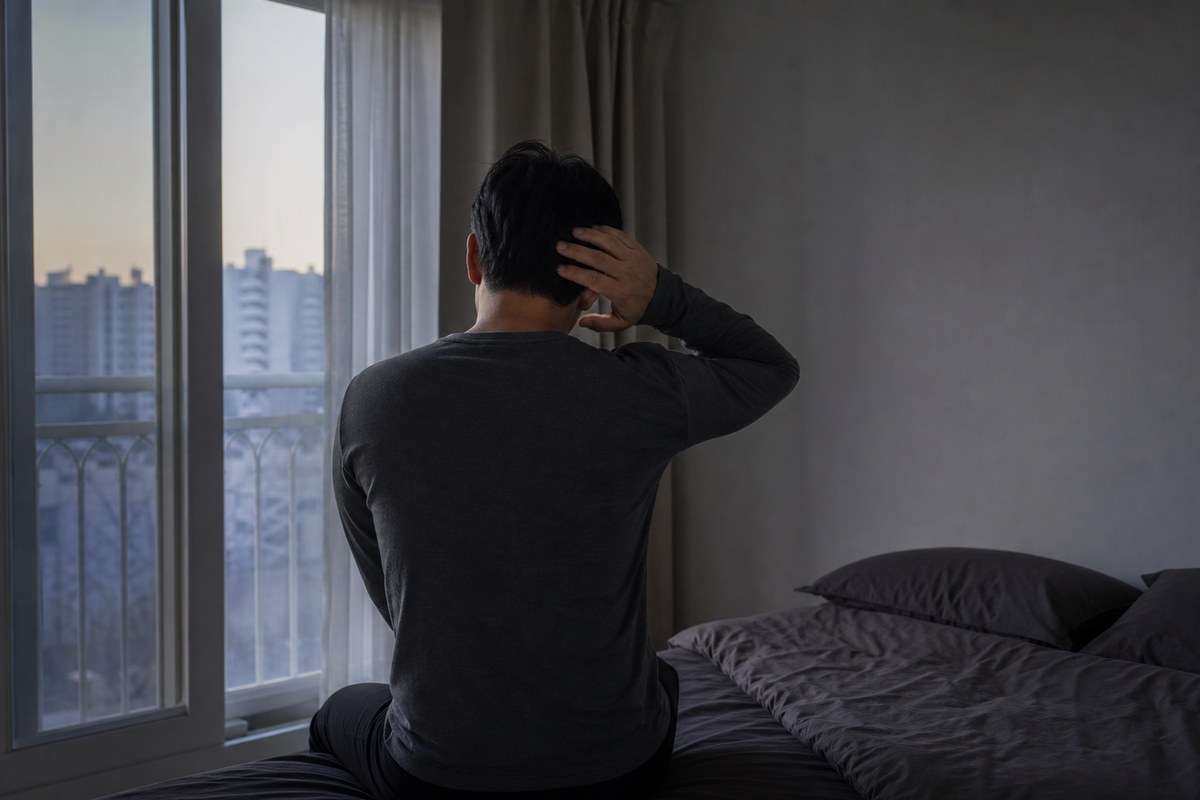 새벽 침실에서 두피 당김 때문에 잠을 설치는 남성의 뒷모습