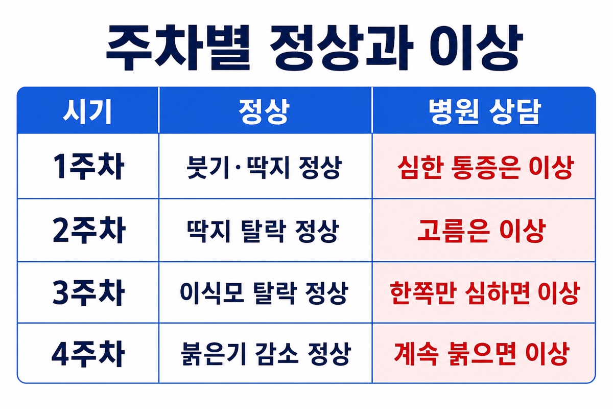 모발이식 1주~4주 정상 범위와 병원 방문 기준 비교표 인포그래픽
