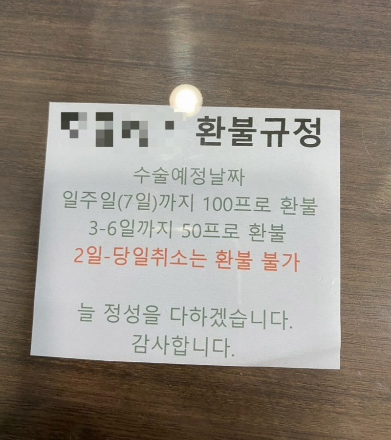 병원 벽에 붙은 수술 환불 규정 안내문